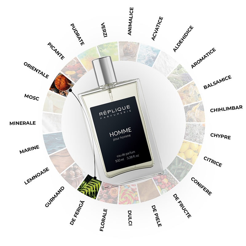 Roata parfumurilor inspirat de Le Male sau Roata olfactiva. Aromele reprezentate sunt "De feriga" si "Orientale". Sticla de Parfum Replique Homme. Fragrance Wheel Le Male infographic.